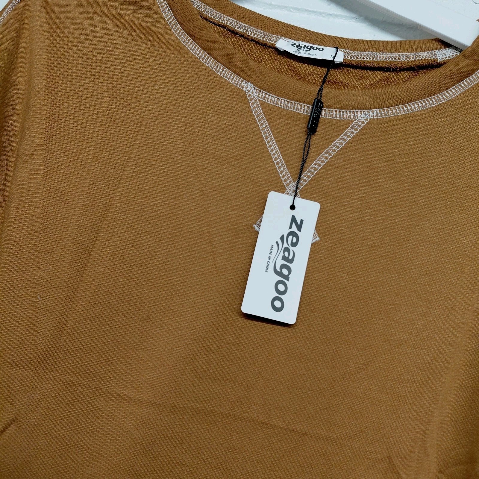 Zeagoo Long Sleeve Crew Top Carmel Brown Side Zip Stretchy Womens Medium Shirt — image 3 of 8